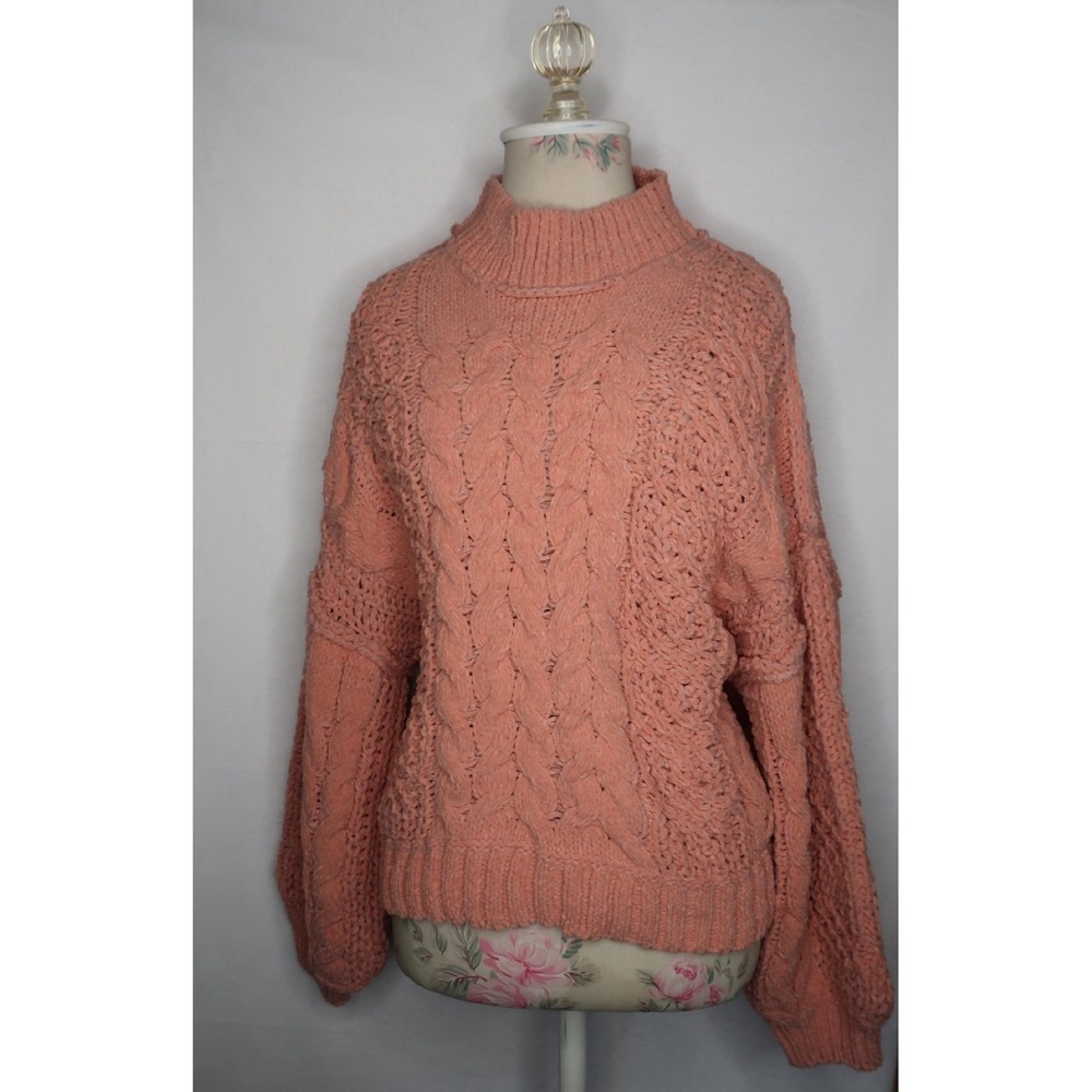 POL Chunky Cable Knit Turtleneck Sweater Pink Boho Cozy‎ Women's Small EUC